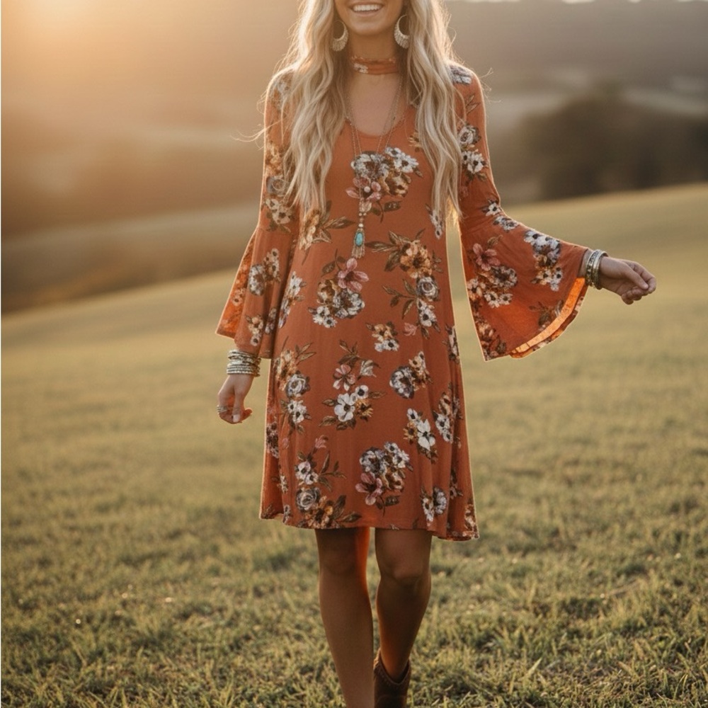 MTS Floral Bell Sleeve Dress in Orange Medium EUC